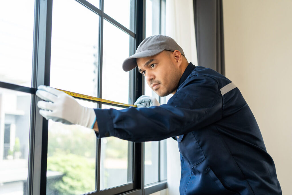 Installer measures existing windows to prepare for a window replacement project