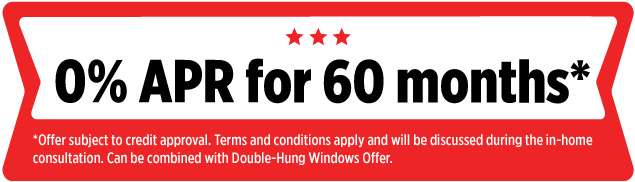 Red banner with white text: "0% APR for 60 months*". Small print below includes terms about credit approval and conditions. Three red stars are above the main text.