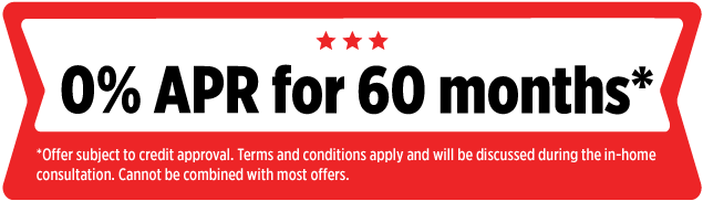 A banner with the text: "0% APR for 60 months*". Small print below states: "*Offer subject to credit approval. Terms and conditions apply and will be discussed during the in-home consultation.