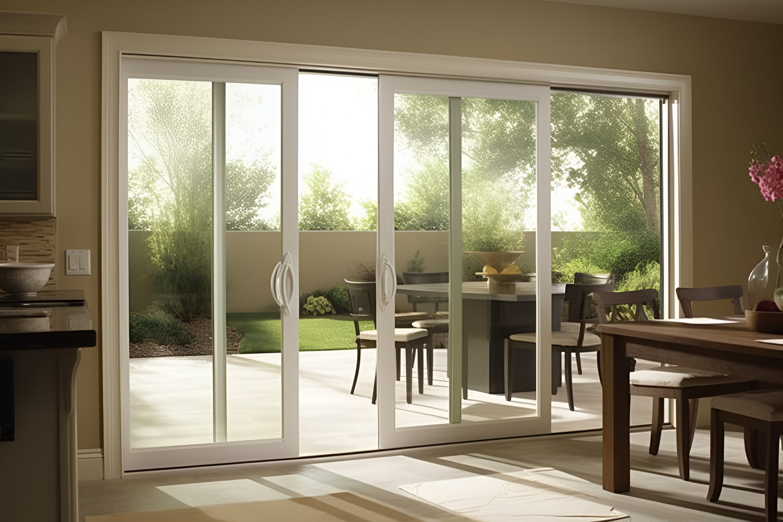 There is a sliding patio door with white trim