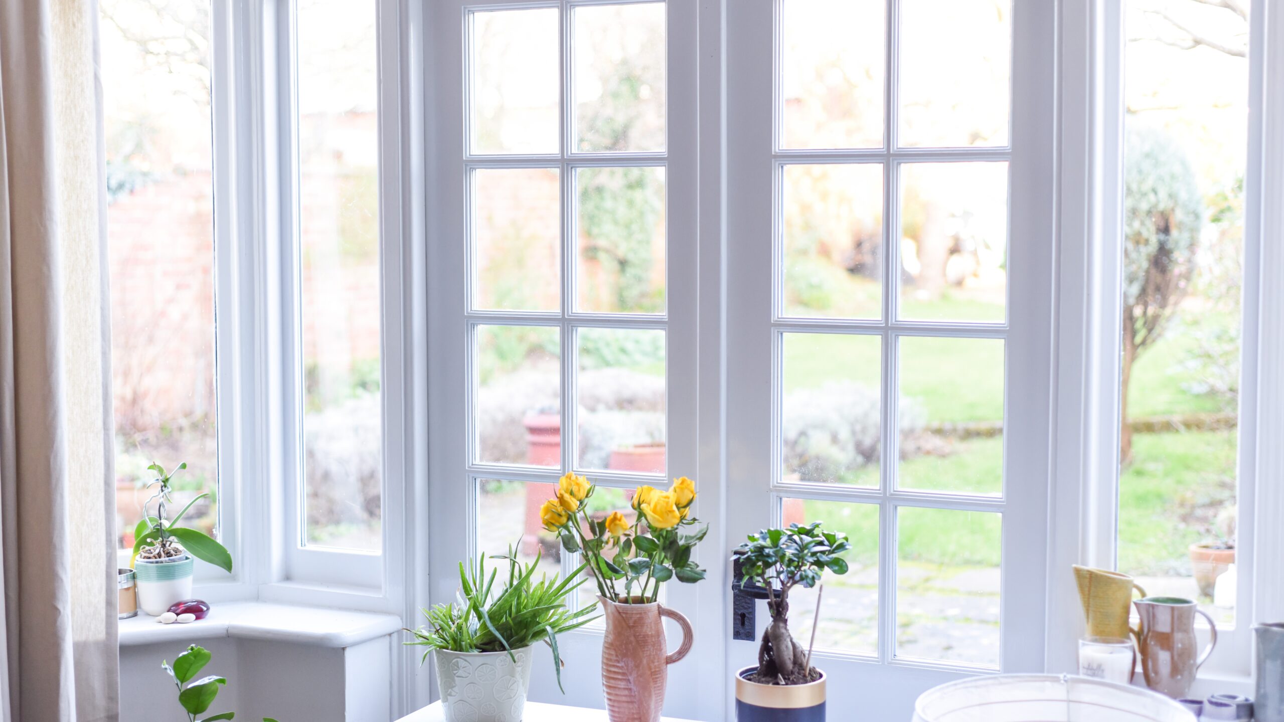 Interior view of a pair of white patio doors leading to a beautiful backyard