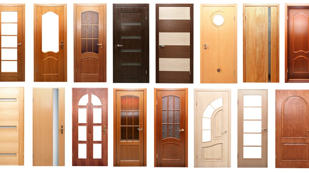 A varied selection of entry door options laid out in two long rows