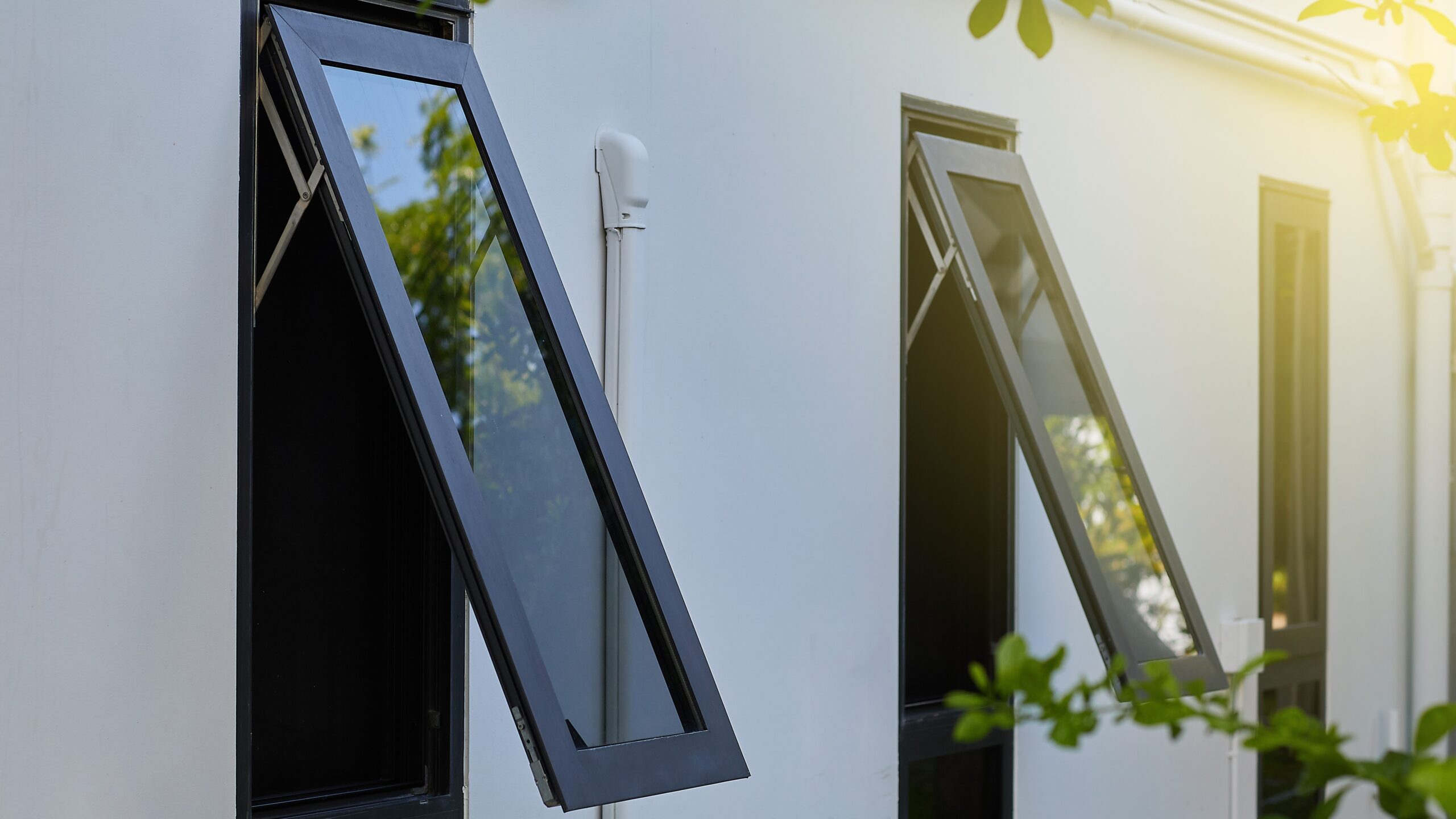 Awning Windows on White Wall with Sunlit Greenery: Commercial Roofing Display